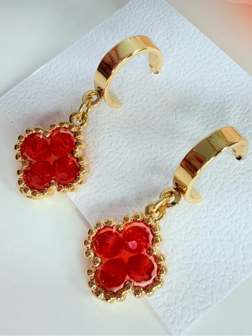 Gold Hoop Earrings with Red Crystal Clover Drops
